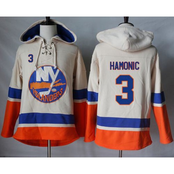 Islanders #3 Travis Hamonic Cream Sawyer Hooded Sweatshirt Stitched Jersey