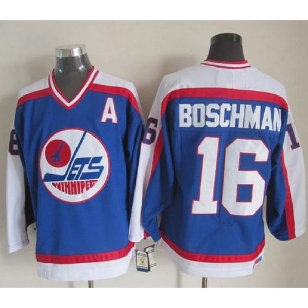 Jets #16 Laurie Boschman Blue White CCM Throwback Stitched Jersey