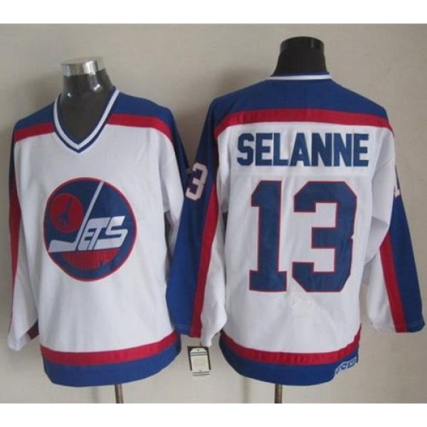 Jets #13 Teemu Selanne White Blue CCM Throwback Stitched Jersey
