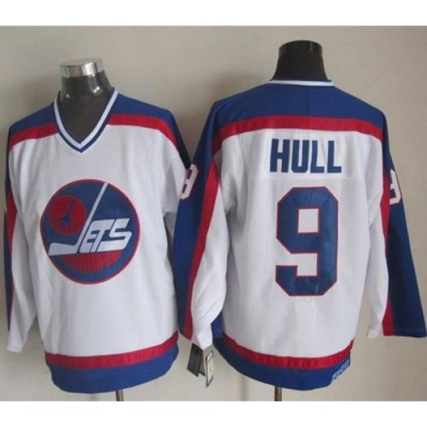 Jets #9 Bobby Hull White Blue CCM Throwback Stitched Jersey