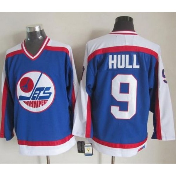 Jets #9 Bobby Hull Blue White CCM Throwback Stitched Jersey