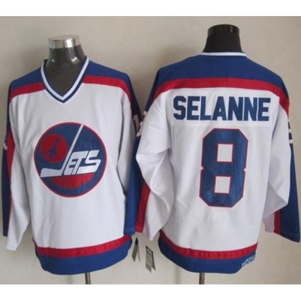 Jets #8 Teemu Selanne White Blue CCM Throwback Stitched Jersey