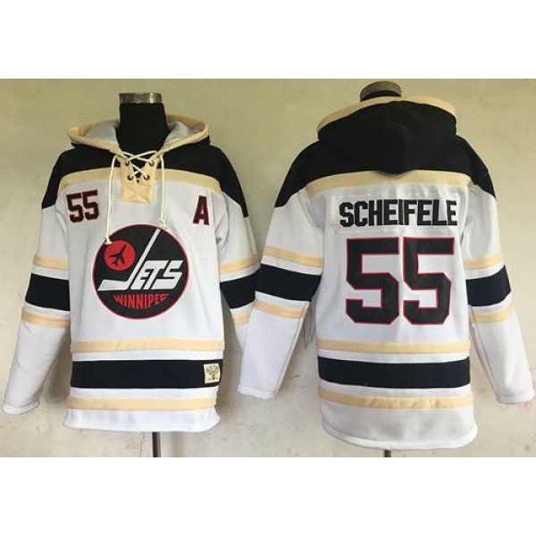 Jets #55 Mark Scheifele White Sawyer Hooded Sweatshirt Stitched Jersey