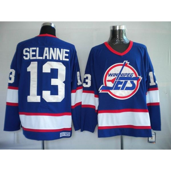 Jets #13 Teemu Selanne Stitched Blue CCM Throwback Jersey