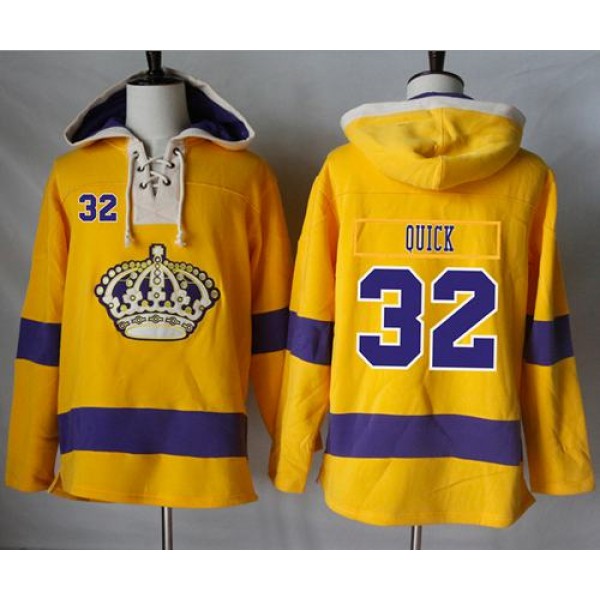 Kings #32 Jonathan Quick Gold Sawyer Hooded Sweatshirt Stitched Jersey