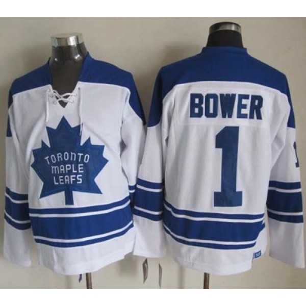 Maple Leafs #1 Johnny Bower White CCM Throwback Third Stitched Jersey