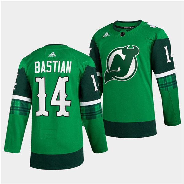 New Jersey Devils #14 Nathan Bastian Green Warm-Up St Patricks Day Stitched Jersey