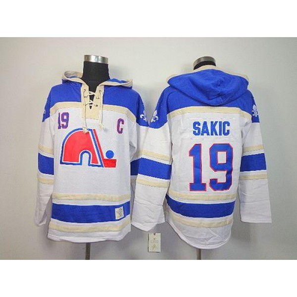 Nordiques #19 Joe Sakic White Sawyer Hooded Sweatshirt Stitched Jersey