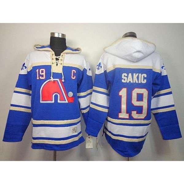 Nordiques #19 Joe Sakic Light Blue Sawyer Hooded Sweatshirt Stitched Jersey
