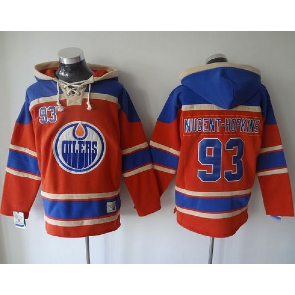 Oilers #93 Ryan Nugent-Hopkins Orange Sawyer Hooded Sweatshirt Stitched Jersey
