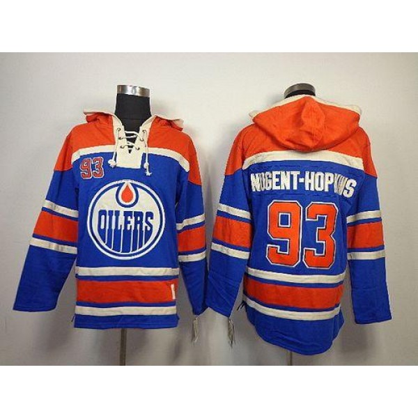 Oilers #93 Nugent-Hopkins Light Blue Sawyer Hooded Sweatshirt Stitched Jersey