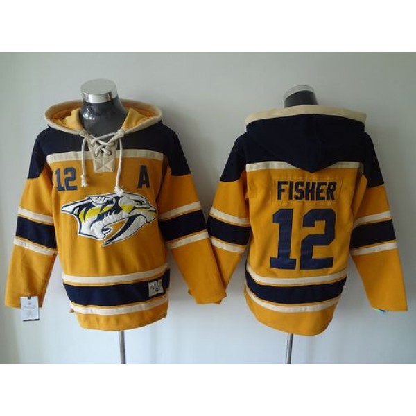 Predators #12 Mike Fisher Yellow Sawyer Hooded Sweatshirt Stitched Jersey