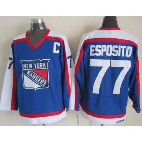 Rangers #77 Phil Esposito Blue White CCM Throwback Stitched Jersey
