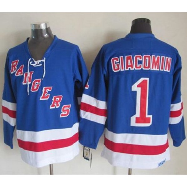 Rangers #1 Eddie Giacomin Light Blue CCM Throwback Stitched Jersey