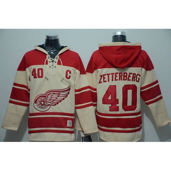 Red Wings #40 Henrik Zetterberg Cream Sawyer Hooded Sweatshirt Stitched Jersey