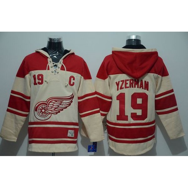 Red Wings #19 Steve Yzerman Cream Sawyer Hooded Sweatshirt Stitched Jersey