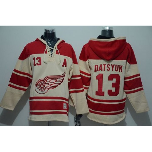 Red Wings #13 Pavel Datsyuk Cream Sawyer Hooded Sweatshirt Stitched Jersey