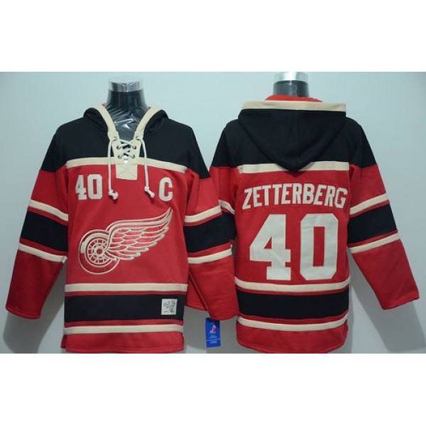Red Wings #40 Henrik Zetterberg Red Sawyer Hooded Sweatshirt Stitched Jersey