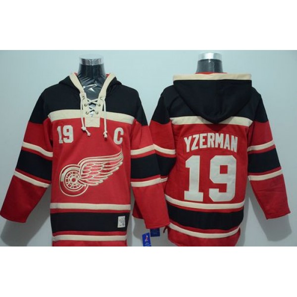Red Wings #19 Steve Yzerman Red Sawyer Hooded Sweatshirt Stitched Jersey