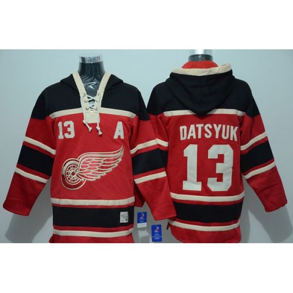 Red Wings #13 Pavel Datsyuk Red Sawyer Hooded Sweatshirt Stitched Jersey