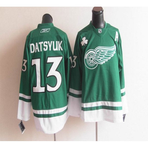 Red Wings St Patty's Day #13 Pavel Datsyuk Green Stitched Jersey