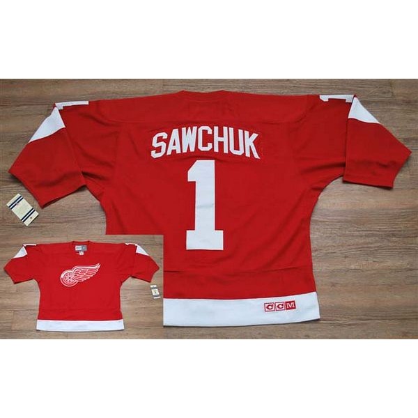 Red Wings #1 Terry Sawchuk Stitched Red CCM Throwback Jersey