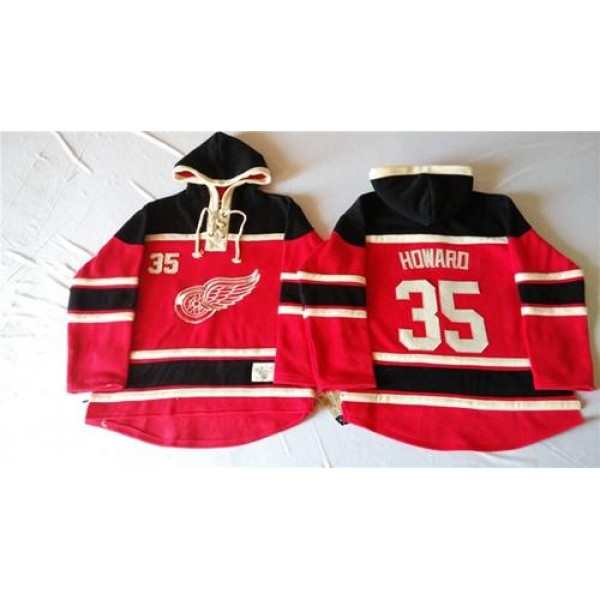 Red Wings #35 Jimmy Howard Red Sawyer Hooded Sweatshirt Stitched Jersey
