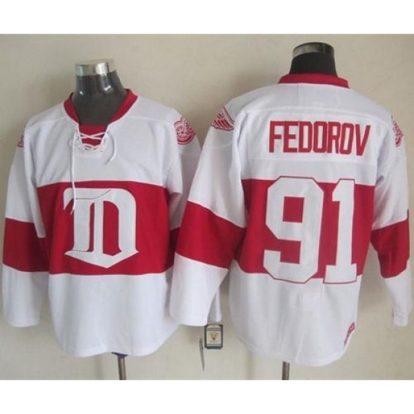 Red Wings #91 Sergei Fedorov White Winter Classic CCM Throwback Stitched Jersey