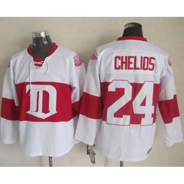 Red Wings #24 Chris Chelios White Winter Classic CCM Throwback Stitched Jersey