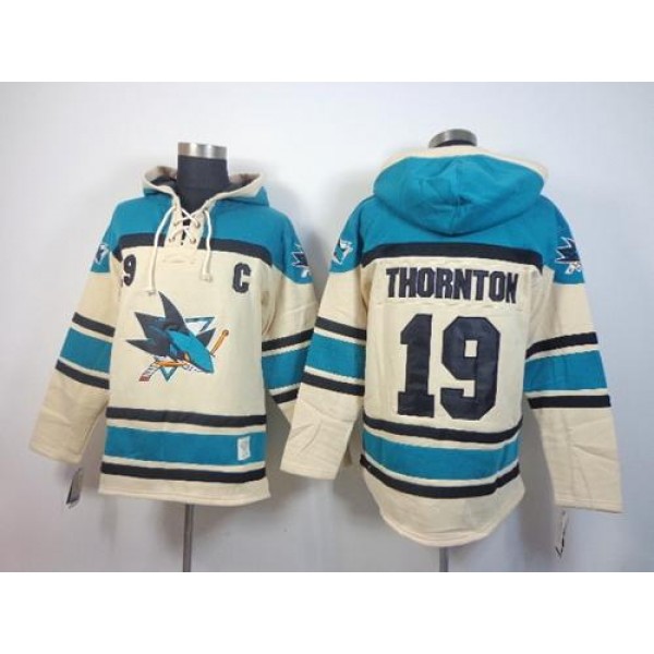 Sharks #19 Joe Thornton Cream Sawyer Hooded Sweatshirt Stitched Jersey