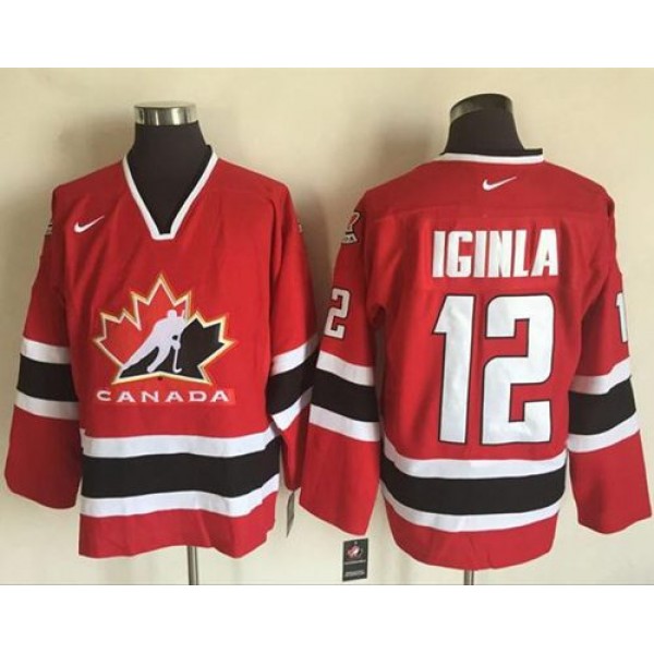 Team CA. #12 Jarome Iginla Red Black 2002 Olympic Nike Throwback Stitched Jersey
