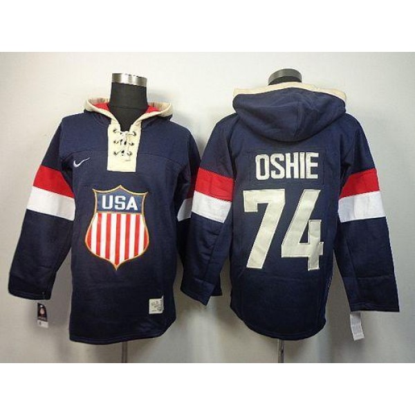 Team USA Olympics #74 T. J. Oshie Navy Blue Sawyer Hooded Sweatshirt Stitched Jersey