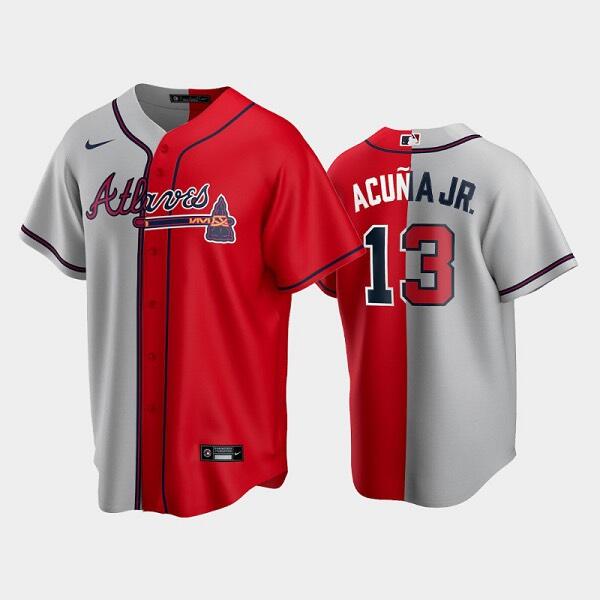 Atlanta Braves #13 Ronald Acuna Jr. Gray Red Split Cool Base Stitched Jersey