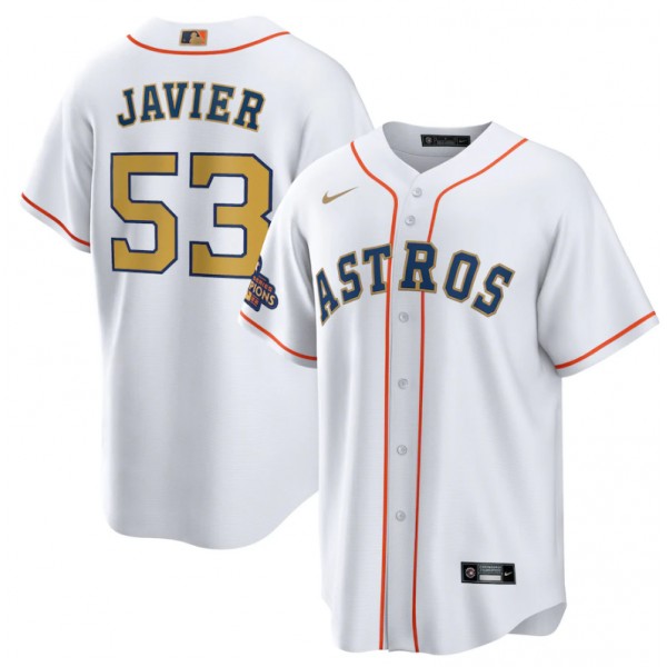 Houston Astros #53 Cristian Javier White 2023 Gold Collection With World Serise Champions Patch Cool Base Stitched Jersey