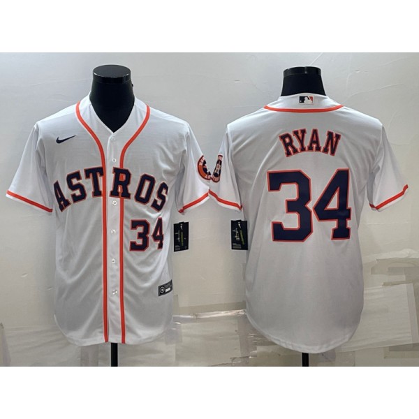 Houston Astros #34 Nolan Ryan White With Patch Cool Base Stitched Jersey