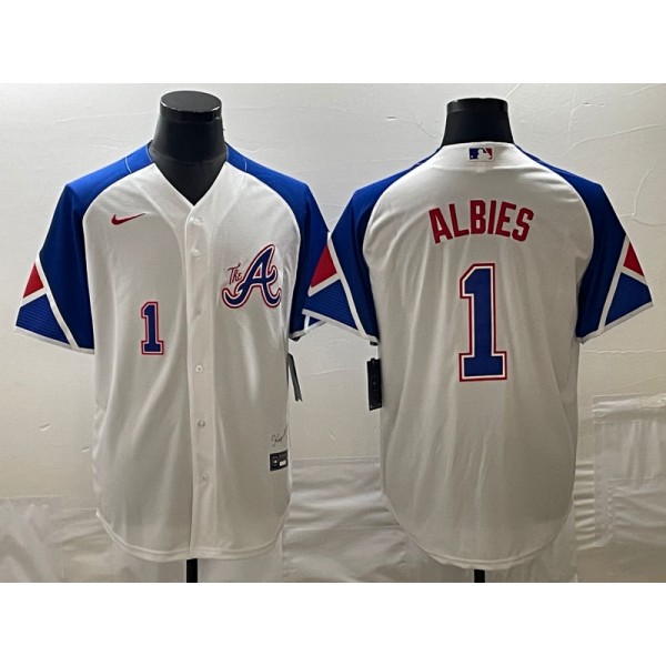 Atlanta Braves #1 Ozzie Albies White 2023 City Connect Cool Base With Patch Stitched Jersey