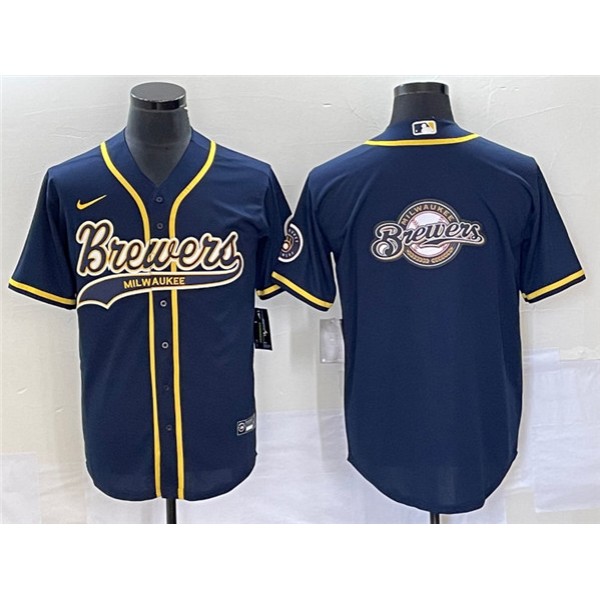 Milwaukee Brewers Navy Team Big Logo Cool Base Stitched Jersey