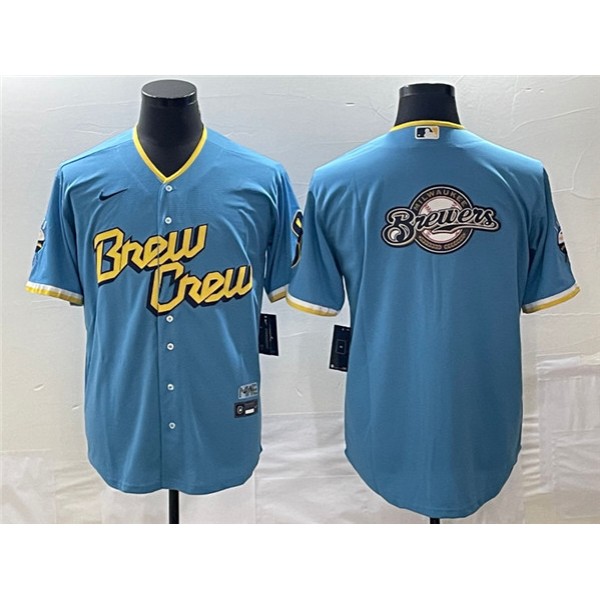 Milwaukee Brewers Powder Blue Team Big Logo City Connect Cool Base Stitched Jersey