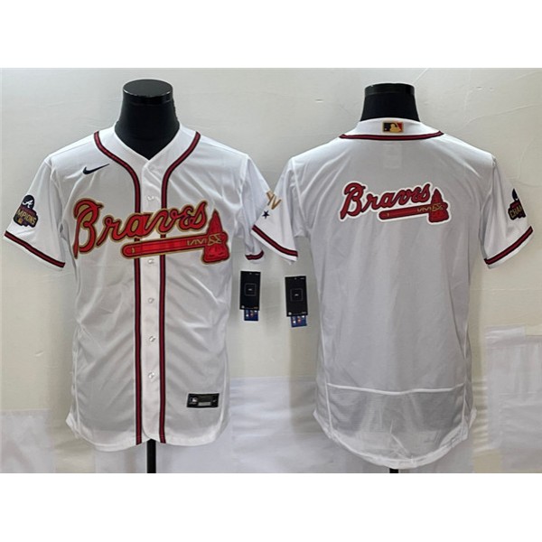 Atlanta Braves 2022 White Gold World Series Champions Program Team Big Logo Flex Base Stitched Jersey