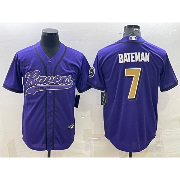 Baltimore Ravens #7 Rashod Bateman Purple Gold With Patch Cool Base Stitched Baseball Jersey