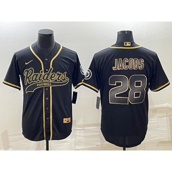 Las Vegas Raiders #28 Josh Jacobs Black Gold With Patch Cool Base Stitched Baseball Jersey