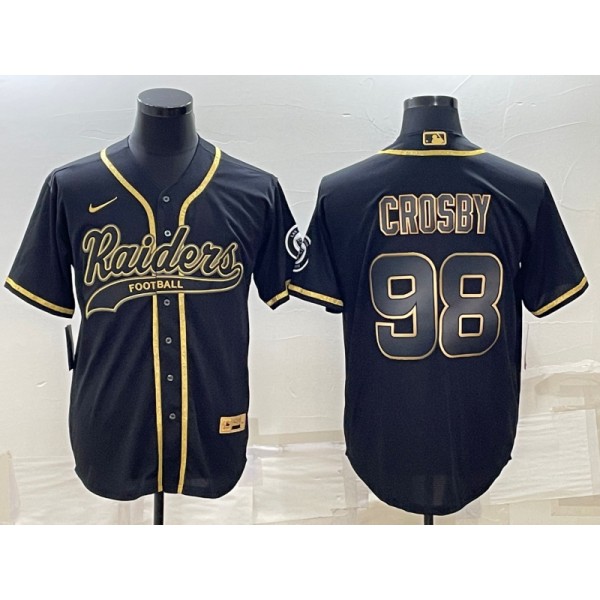 Las Vegas Raiders #98 Maxx Crosby Black Gold With Patch Cool Base Stitched Baseball Jersey