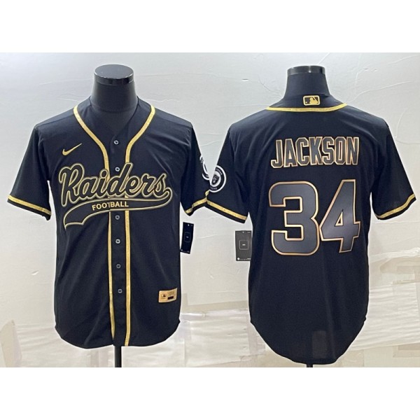 Las Vegas Raiders #34 Bo Jackson Black Gold With Patch Cool Base Stitched Baseball Jersey