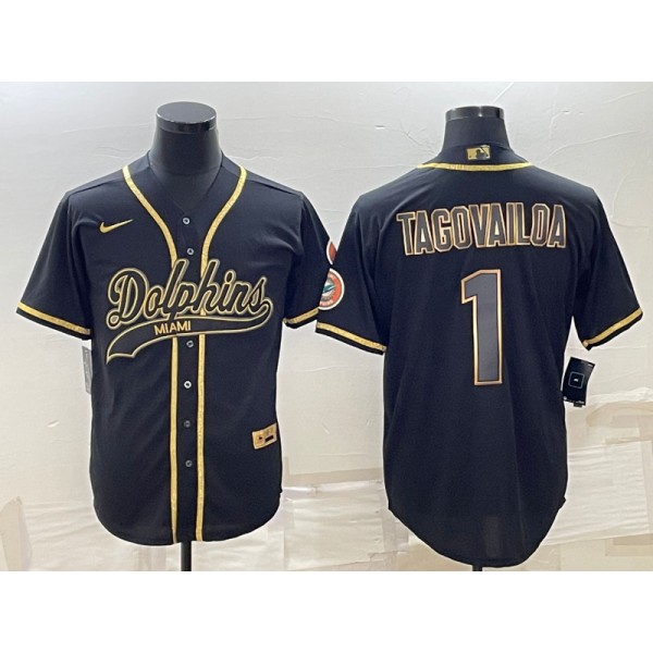 Miami Dolphins #1 Tua Tagovailoa Black Gold With Patch Cool Base Stitched Baseball Jersey