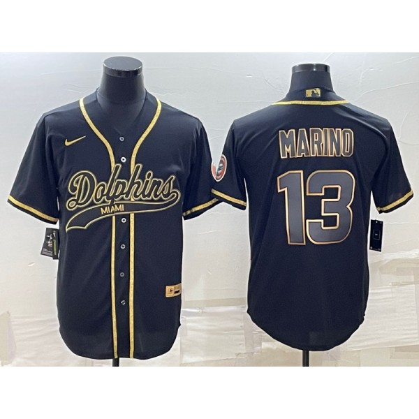 Miami Dolphins #13 Dan Marino Black Gold With Patch Cool Base Stitched Baseball Jersey