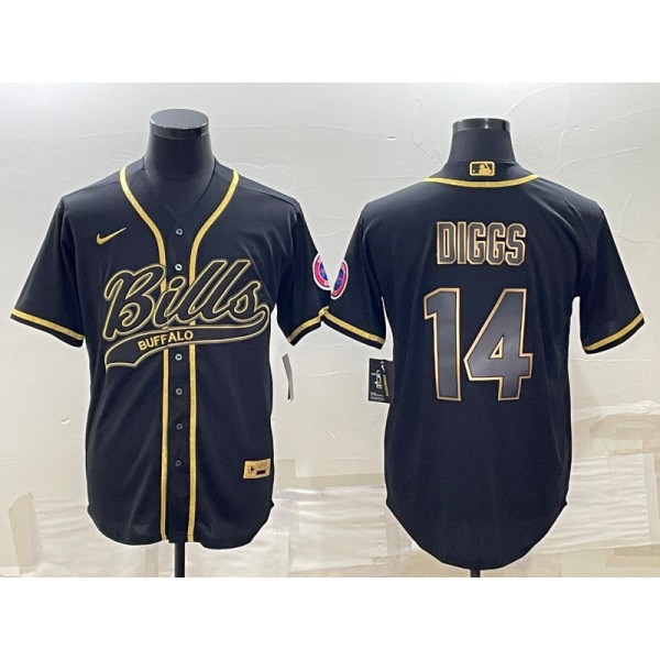 Buffalo Bills #14 Stefon Diggs Black Gold With Patch Cool Base Stitched Baseball Jersey