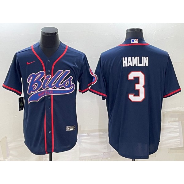Buffalo Bills #3 Damar Hamlin Navy With Patch Cool Base Stitched Baseball Jersey