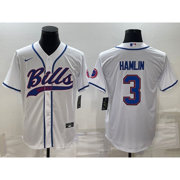 Buffalo Bills #3 Damar Hamlin White With Patch Cool Base Stitched Baseball Jersey