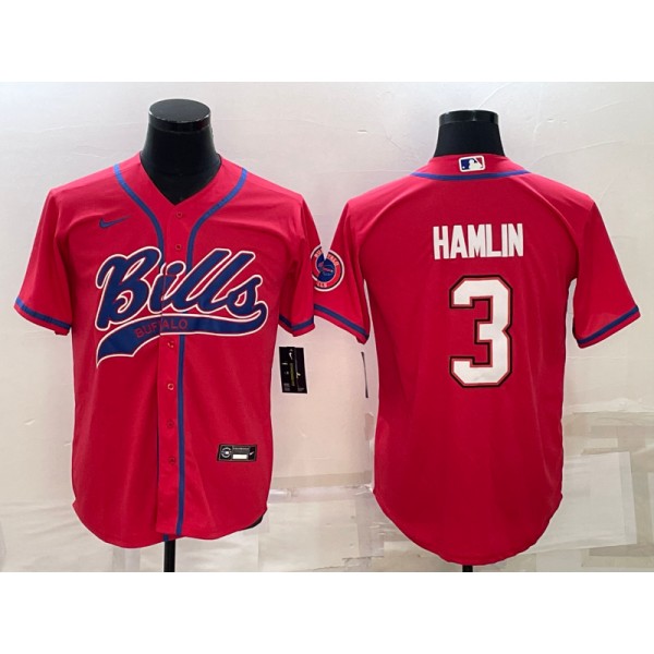 Buffalo Bills #3 Damar Hamlin Red With Patch Cool Base Stitched Baseball Jersey