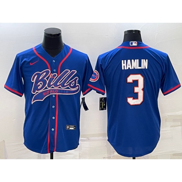 Buffalo Bills #3 Damar Hamlin Royal With Patch Cool Base Stitched Baseball Jersey